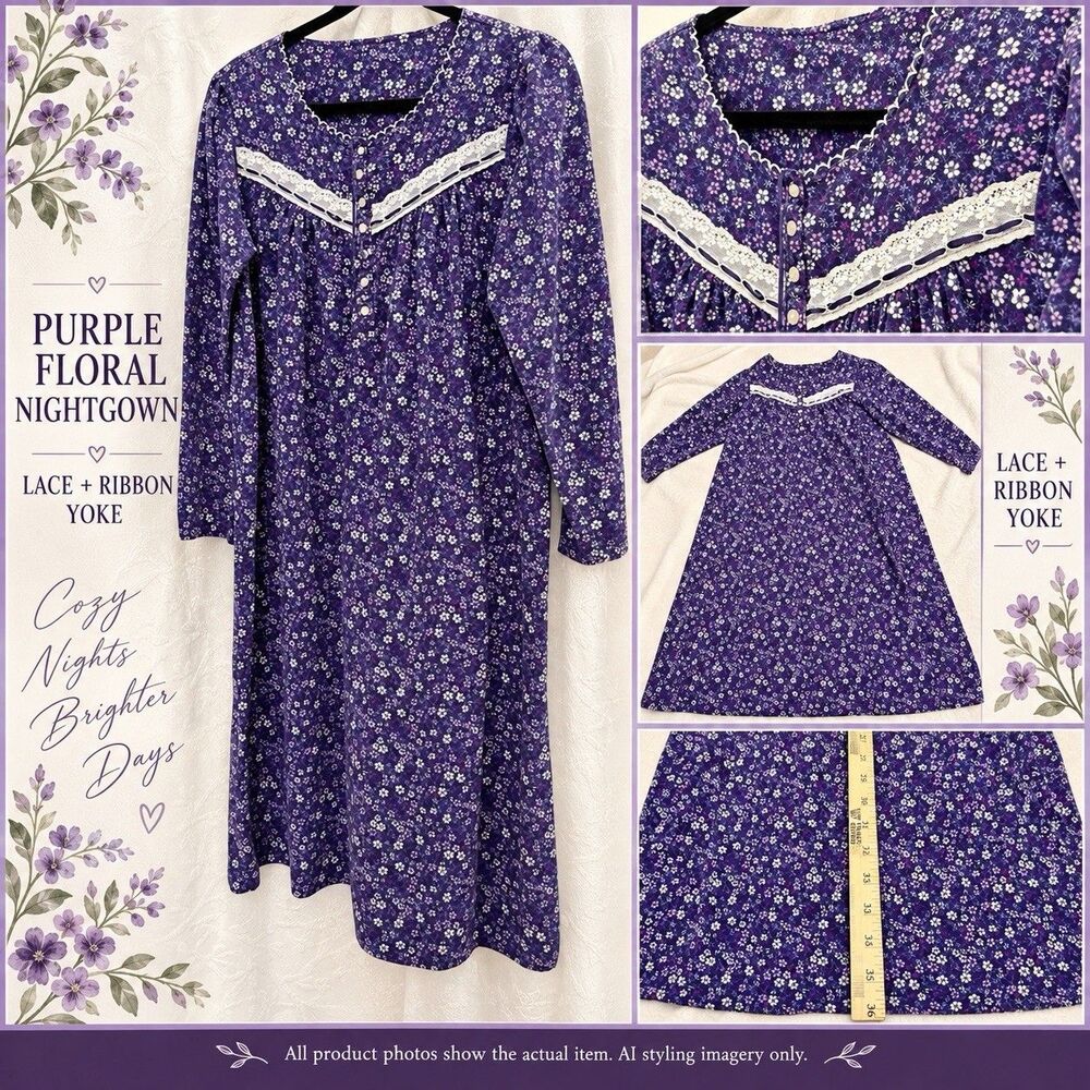 Adonna Purple Floral Nightgown Lace Trim Long Sleeve Cozy Grannycore Sleepwear L